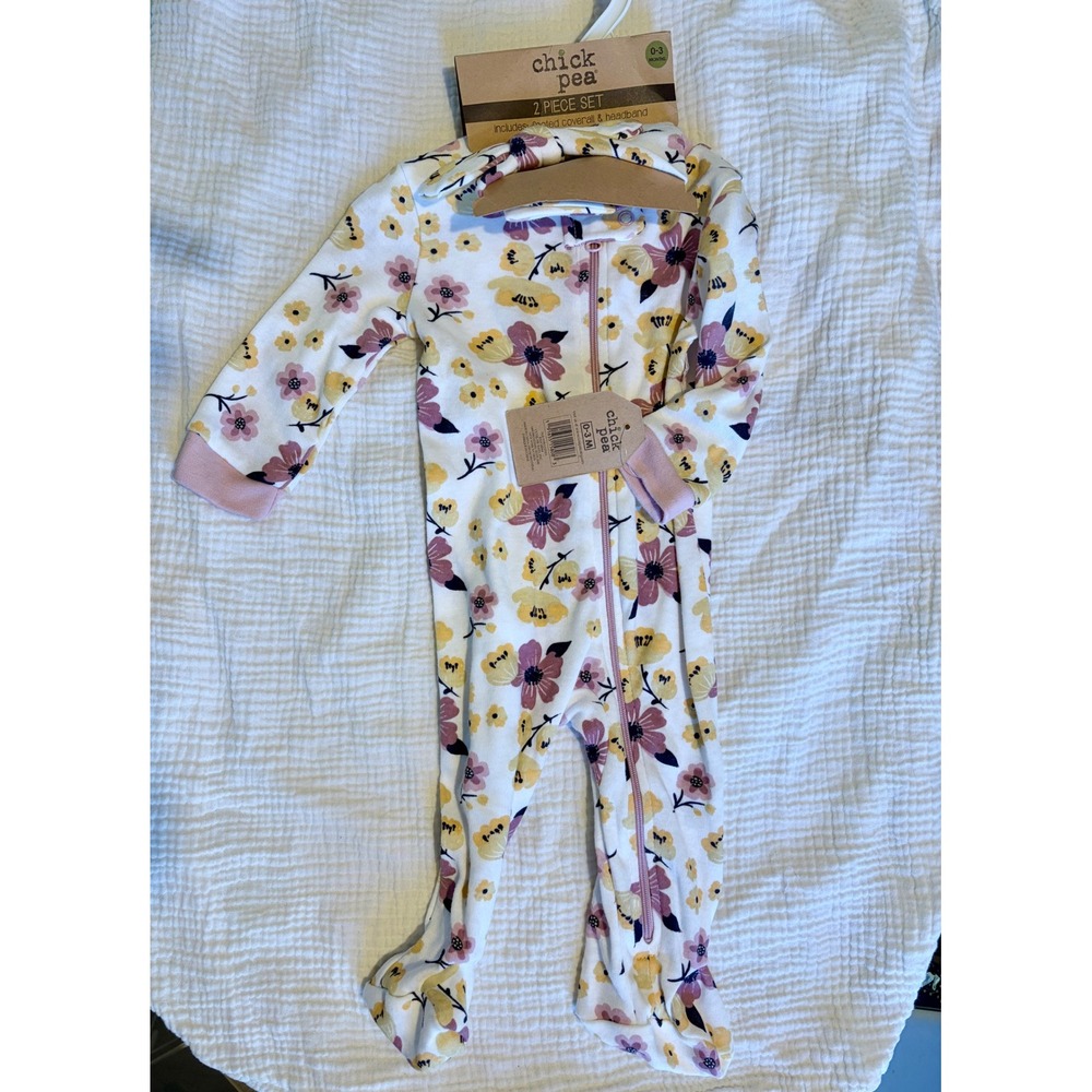 Chick Pea Baby Girl 2 Piece Floral Footed Coverall and Headband Set 0-3M NWT